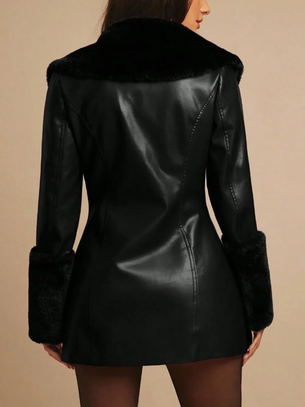 Black Party Women's Faux Fur Collar Long Sleeve Double-Breasted Jacket
